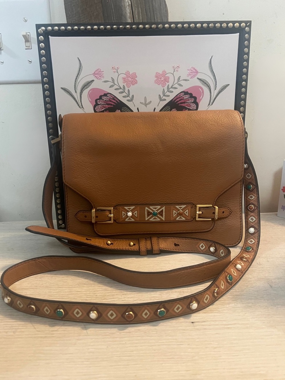 Vince Camuto Leather Boho Studded Crossbody Bag Tan Cognac